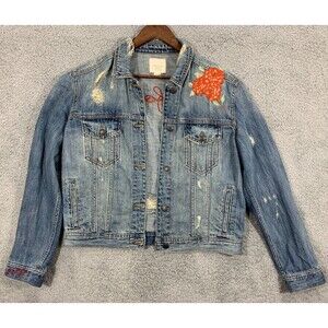 American Eagle (M) Blue Jean Denim Jacket Floral Wearable Art Distressed Pockets